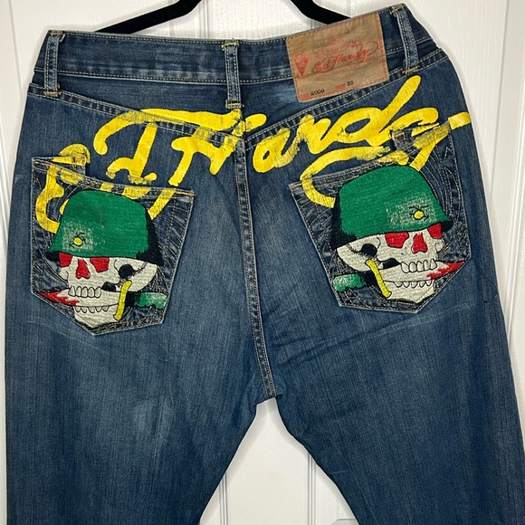 Y2K Super Rare Ed Hardy Army Skull Denim Jeans Christian Audigier Men Size 33 - Picture 1 of 16
